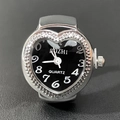 Silver heart-shaped quartz ring watch with black dial and white numerals on leather - Black