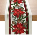 Linen Christmas table runner featuring red poinsettia flowers and pine cones - White Poinsettia & Pine Cones