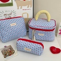 Blue quilted makeup bag 3-piece set with red heart pattern and yellow handles - Blue Heart