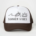 Brown and white trucker hat with Summer Vibes print and adjustable mesh back panel - Adjustable / Coffee
