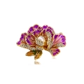 Elegante spilla peonia in smalto viola con cornice dorata, strass e perla - Peonia Viola