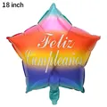 18 inch star-shaped iridescent rainbow foil balloon with white Feliz Cumpleaños text - 18 Inch Spanish Birthday Gradient Star