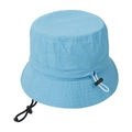 Detail of light blue bucket hat with adjustable white drawstring and black windproof cord - Sky Blue
