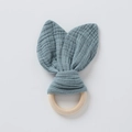 Blue cotton gauze bunny ear baby teether with natural wooden ring for infants - Dark Green