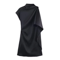 Elegantes schwarzes Satin-Midikleid ohne Ärmel mit asymmetrischem Schnitt und Faltenwurf - XS / Schwarz