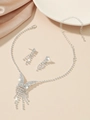 Sparkling silver necklace and earrings set with rhinestone fringe for bridal wear - DTN14026188S-Tassel Large Pendant Wing Style