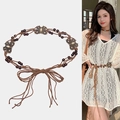 Bohemian braided brown waist chain with wooden beads and bronze butterfly charms - Coffee Butterfly Woven Style (2#)