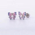 Close-up of butterfly stud earring with pink-blue gradient enamel and pearl detail - Single Gradient Butterfly