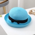 Light blue kids straw hat with black ribbon bow and rolled brim for summer sun protection - S (52-54cm) / Sky Blue