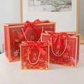 Three-piece red Chinese wedding gift bag set with gold handles and satin bow detail - Small (Red Ribbon) / 18x10x16cm