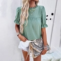 Summer green hollow-out embroidered short sleeve shirt with puff sleeves and ruffle collar - Bean Green