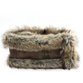 Detail of faux fur winter hat with leather trim and FF28MT brand label on brown plush - XL (58-60cm) / Neck Warmer / Light Coffee