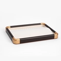 Macro view of walnut jewelry tray with cream velvet lining and gold accent hooks - Necklace Tray / Beige