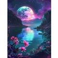 DIY diamond painting kit featuring a mystical purple moon over a neon lake landscape - Fantasy Moonlight Lake / 20x30cm