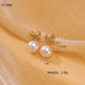 Elegant gold titanium steel bow earrings with hanging pearl drop pendant and dimensions - Bowknot Artificial Pearl Drop Style (NMSE-C541-1)