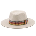 Cappello di paglia Fedora estivo con nastro bohémien colorato per protezione solare - M (56-58cm) / Rosa