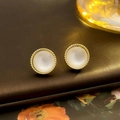 Elegant gold-rimmed pearl stud earrings with a glossy white center on a satin base - 21# Cat Eye Studs