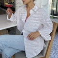 Women's casual white loose long sleeve shirt with black vertical stripes pattern - XS / White
