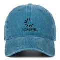 Close-up of the LOADING embroidery and loading bar on blue vintage washed cotton cap - Adjustable / Lake Blue