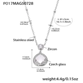Zilveren roestvrijstalen ketting met ronde zirkoon en traanvormige Tsjechische glas hanger - Staal Kleur Witte Zirkoon Ketting (P017)