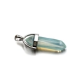 Light blue hexagonal crystal pillar pendant with silver metal clasp on white background - Opal