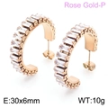 Rose gold stainless steel C-shaped earrings with white zircon rectangular stones - Rose Gold-30x6mm(KE104549-KFC)