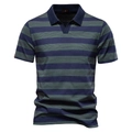 Detailed macro view of the knitted piqué texture and striped V-neck collar on a polo shirt - S / Navy Blue