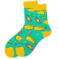Teal crew socks featuring cartoon taco patterns with contrast yellow heel and toe - Lake Green Taco
