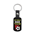 Soccer goal motivational keychain with black leather strap and metal rectangle pendant - Reach Repeat Style (CPK113)