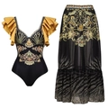 Women's black and gold baroque print swimsuit with ruffles and matching leopard trim skirt - S / Yellow Ruffle One-piece Umbrella Skirt Set