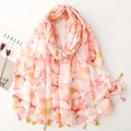 Lightweight floral watercolor scarf for women with tassels, perfect for summer sunscreen - Pink & Orange Watercolor Floral (SL2408-003)