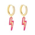 Macro detail of lightning bolt drop earrings with pink enamel and sparkling crystals - Lightning Pendant / Peach Pink/Gold