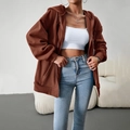 Women's casual brown fleece zip-up oversized hooded jacket with a relaxed loose fit - S / Brown