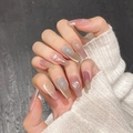 Morandi press-on nails with cat eye effect, grey blue and pink heart pattern trapezoid shape - 2062-Medium Coffin (XS)