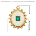 Detailed view of oval gold pendant with white enamel and green crystal stone - YE685-2-White Enamel Green Stone Oval