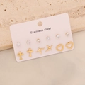 Detailed set of six pairs of gold plated stainless steel stud earrings on card - Rhinestone Cross ECG Heart Style (E556-5) / 6 Pairs Set
