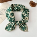 Floral cotton linen scarf in green with beige patterns and delicate lace edge - Green Silhouette