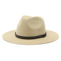 Classic beige straw panama hat with black studded leather band for beach sun protection - Beige