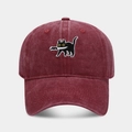 Close-up of high-quality embroidery featuring a cat with a knife on a washed cotton cap - Adjustable / Burgundy