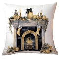 White Christmas pillow cover with elegant fireplace illustration and gold holiday decor - Cozy Christmas Fireplace