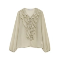 Saliegroene chiffon blouse met gelaagde ruches en v-hals strikdetail in platte weergave - XS / Abrikoos