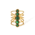 Vintage 18k gold plated stainless steel ring with five round emerald green malachite stones - Five Vertical Round Green Gemstones Cage Style (HF-J1479)