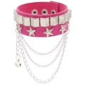 Pink PU leather punk bracelet featuring silver studs, metal chains and a heart pendant - Rose Red Chain