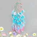 Pink tree of life dreamcatcher with green crystal stones and colorful hanging feathers - Blue