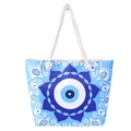 Evil Eye canvas beach tote bag with blue mandala print and cotton rope handles - Blue and White Mandala