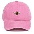 Close-up of pink washed cotton baseball cap with detailed small bee embroidery - Pink