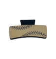 Close-up of rectangular baseball patterned hair clip with cream finish and black stitching - Khaki Baseball Stitch