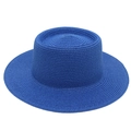Deep blue straw boater hat featuring a flat top and classic wide brim for summer - One Size / Sapphire Blue
