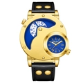 Montre homme à double fuseau horaire avec boîtier doré à rivets et bracelet en cuir noir épuré - Boîtier Doré Cadran Bleu Bracelet Noir