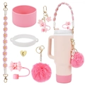 Set de accesorios rosa para vaso con funda de silicona y correa de flores decorativa - Juego de 7 Piezas 13-Rosa Básico